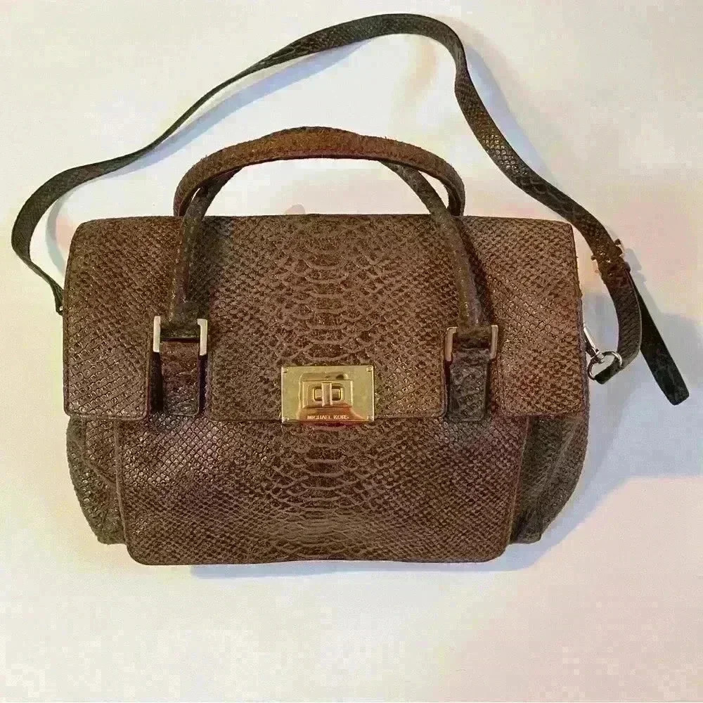 NWOT Michael Kors Snakeskin Python Suede 2Way Brown Tote Bag Satchel Purse Large